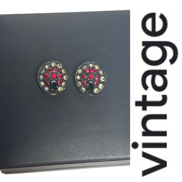 Vintage Bronze Button Clip Back Earrings w/faux Ruby and Amber Rhinestones - Picture 3 of 8